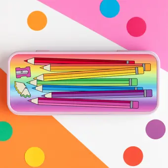 Colourful Rainbow Pencils Pink Pencil Case Tin