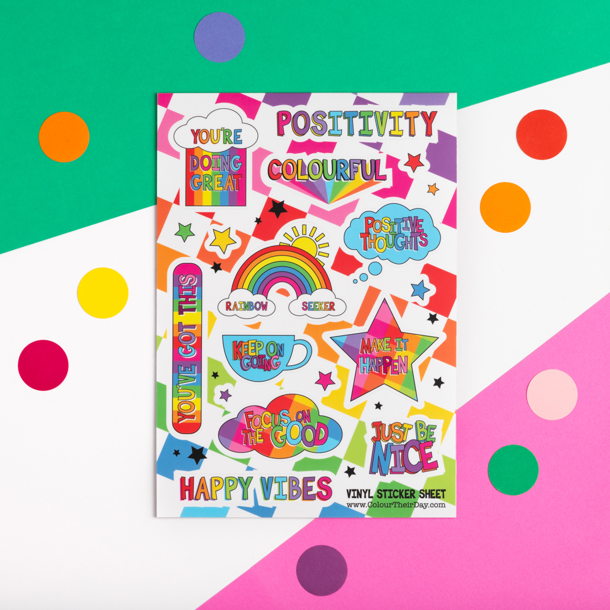 Be Positive Sticker Paper Colourful Positivity A5 Vinyl Sticker Sheet | Colour Their Day