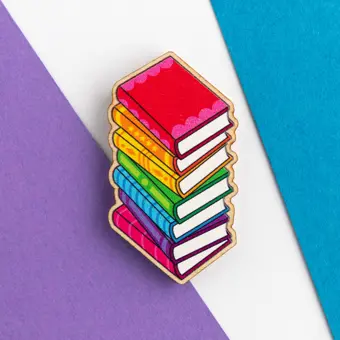 Rainbow Book Lover Wooden Pin Badge