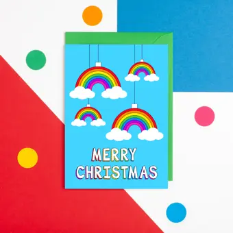 Merry Christmas Card with Rainbow Baubles